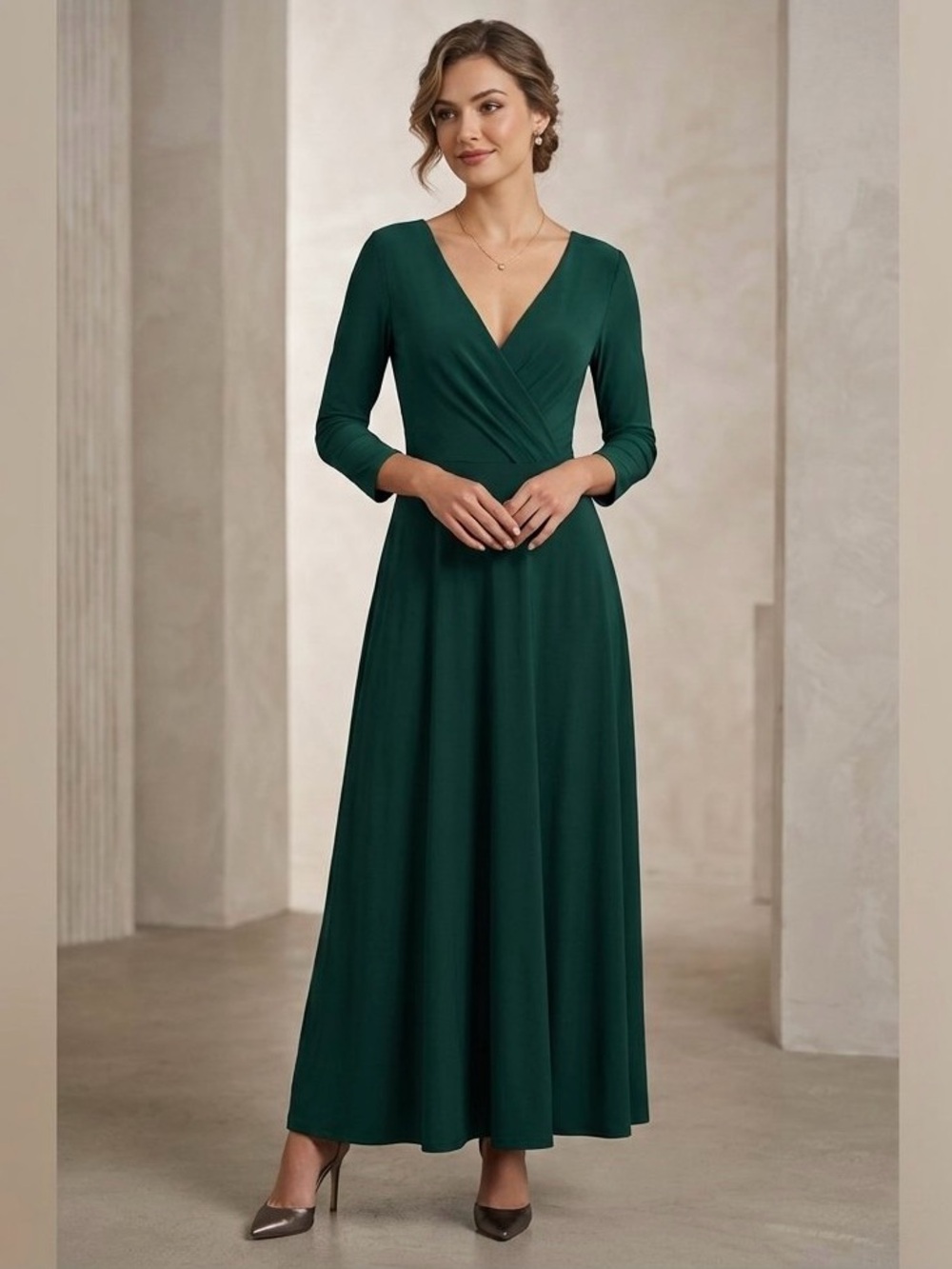 ALFRED SUNG Deep Emerald Green Wrap-Style Long Sleeve Maxi Dress